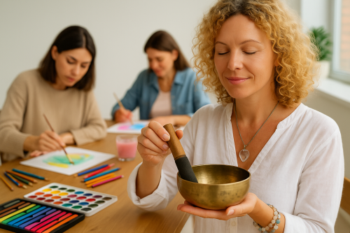 Kunst- und Klangschalentherapie Frau mit Klangschale vor zwei malenden Frauen – Verbindung von Kunsttherapie und Klangschalentherapie in ganzheitlicher Begleitung