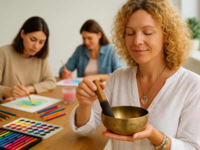 Kunst- und Klangschalentherapie Frau mit Klangschale vor zwei malenden Frauen – Verbindung von Kunsttherapie und Klangschalentherapie in ganzheitlicher Begleitung