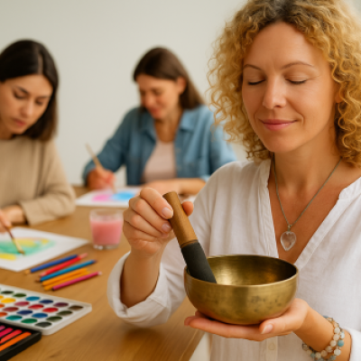 Kunst- und Klangschalentherapie Frau mit Klangschale vor zwei malenden Frauen – Verbindung von Kunsttherapie und Klangschalentherapie in ganzheitlicher Begleitung