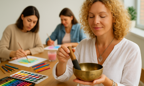 Frau mit Klangschale vor zwei malenden Frauen – Verbindung von Kunsttherapie und Klangschalentherapie in ganzheitlicher Begleitung